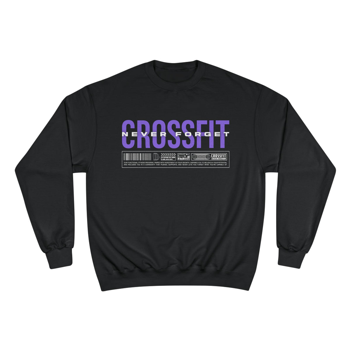 CrossFit Crewneck Sweatshirt — Purple Distressed “CrossFit” Front, “CrossFit Never Forget” Back