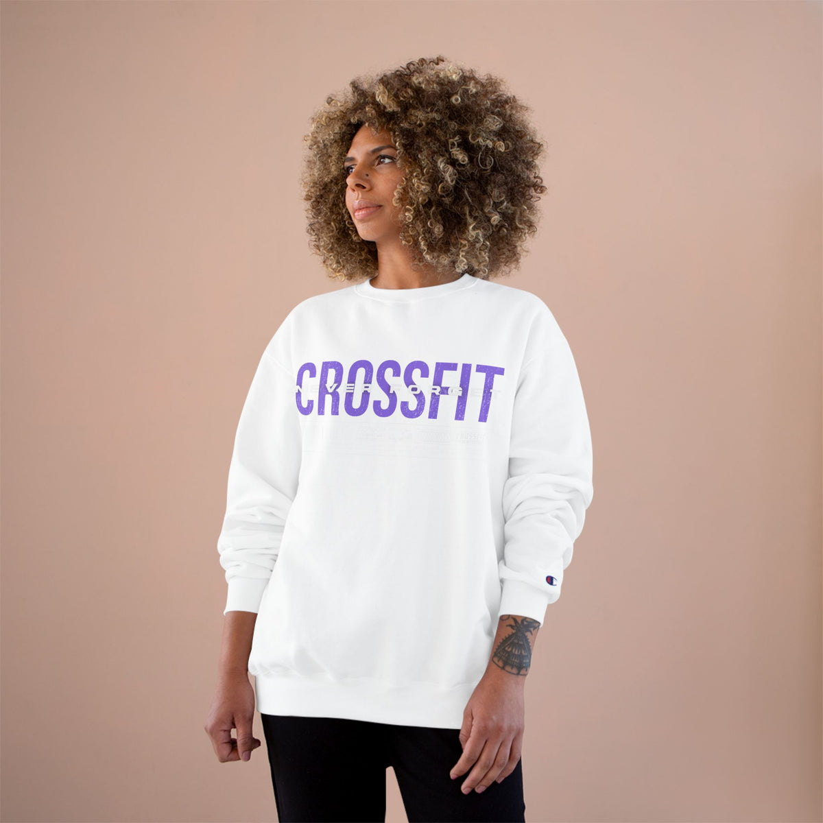 CrossFit Crewneck Sweatshirt — Purple Distressed “CrossFit” Front, “CrossFit Never Forget” Back