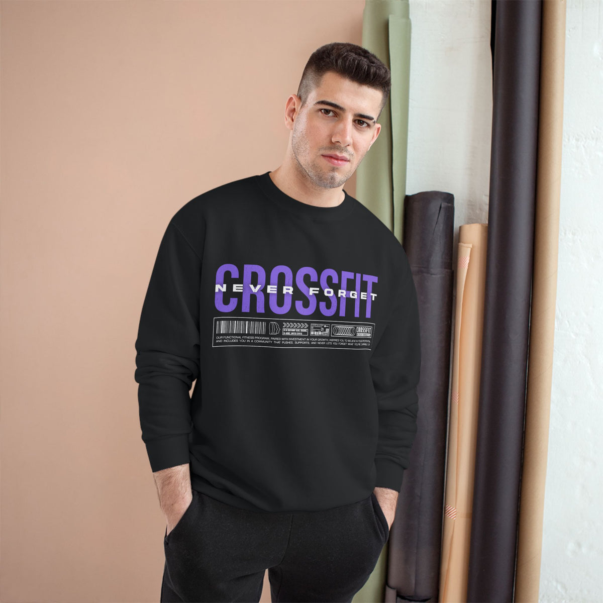 CrossFit Crewneck Sweatshirt — Purple Distressed “CrossFit” Front, “CrossFit Never Forget” Back